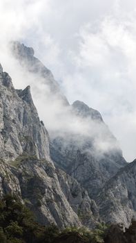 A stunning view of misty rocky mountain peaks shrouded in clouds, capturing nature's beauty.