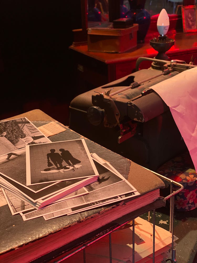 Retro Photos And Typewriter On Museum Exhibition