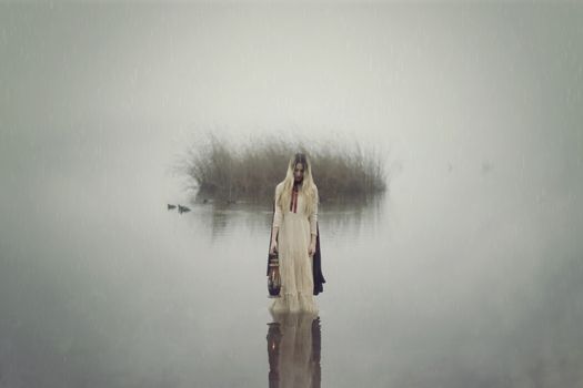 Woman in a Long Dress Holding a Lantern and Standing in Lake on a Foggy Day 