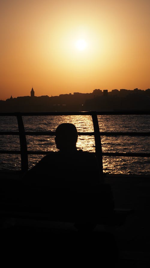Silhouette of Person Sitting on Wooden Dock during Sunset