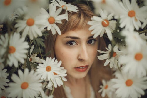 A Woman Near White Daisy Flowers 