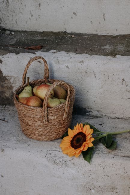 A wicker basket filled with pears and a sunflower on stone steps evokes a rustic autumn feeling.
