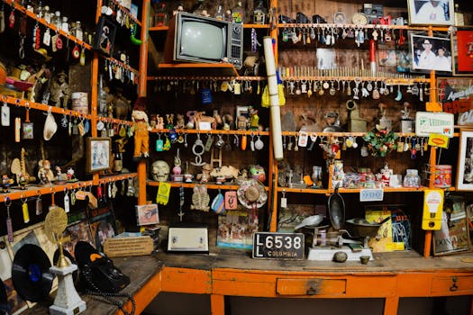 Explore a vibrant vintage collection at an antique shop in La Ceja, Colombia, filled with memorabilia.