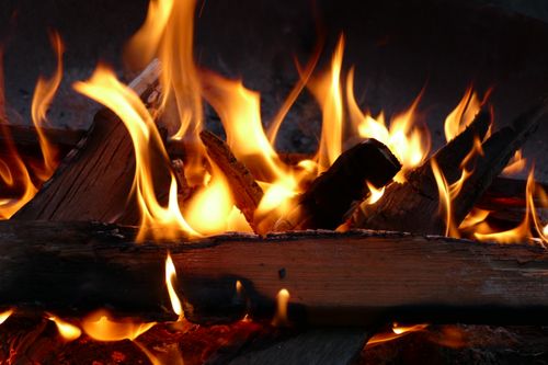 Free Vibrant flames dance around firewood in a close-up of a campfire. Stock Photo