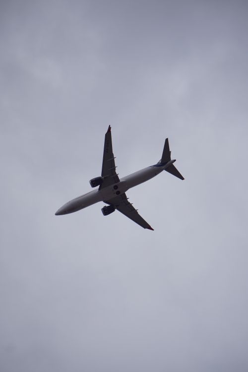 Free A commercial airplane captured flying against a cloudy sky, showcasing modern air transportation. Stock Photo