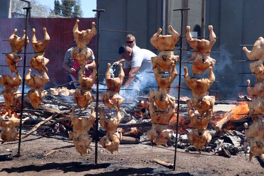 Argentine asado cookout with whole chickens grilled over open flames.