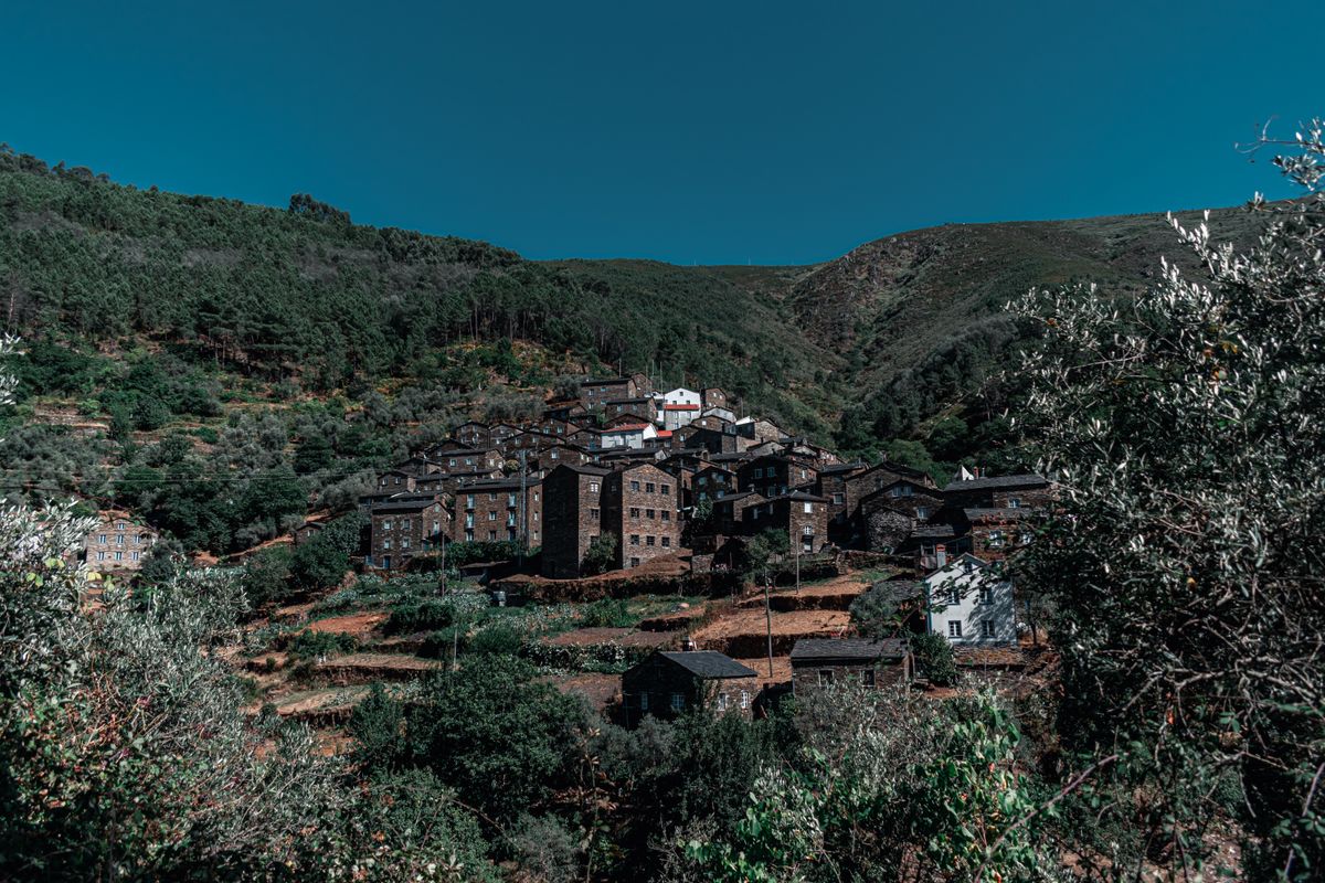 Houses on hills in a mountain landscape