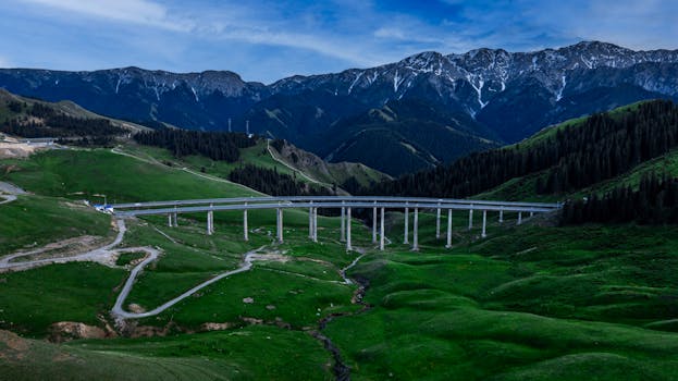 Aerial photo of a bridge spanning a lush green valley in Ili, Xinjiang, China, with mountain backdrop.