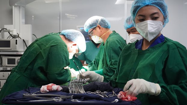 Group of surgeons in masks operating in a hospital operating room, focused on medical instruments.