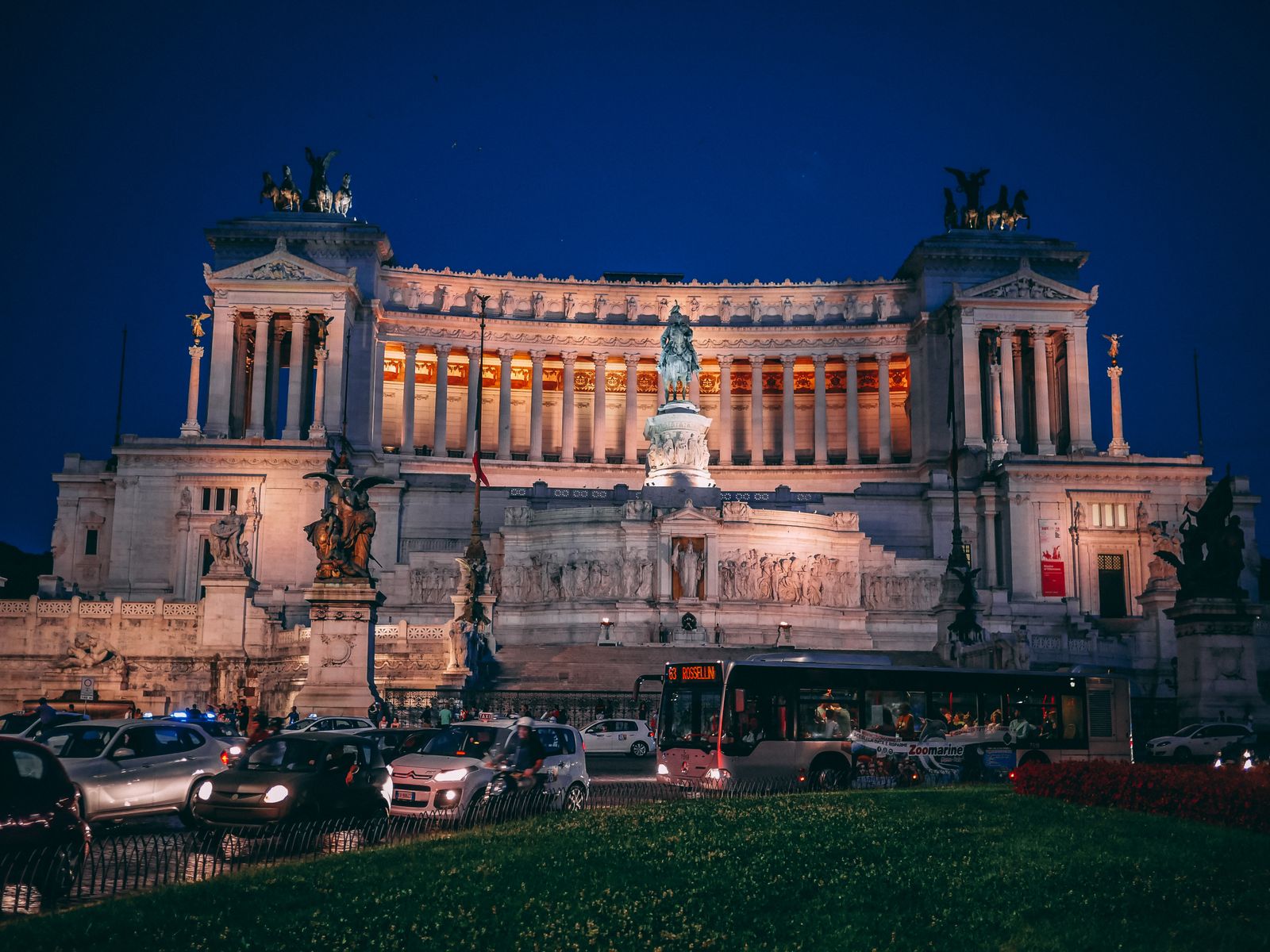 The Altare della Patria monument illuminated at night in Rome