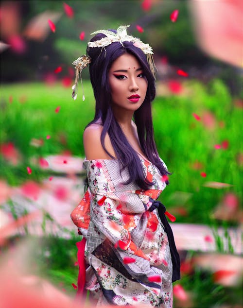 A Woman in Red Floral Kimono