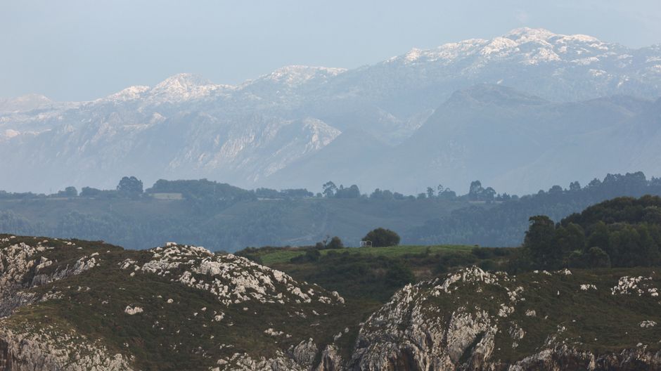 A breathtaking view of snow-capped mountains and lush greenery in a peaceful natural setting.