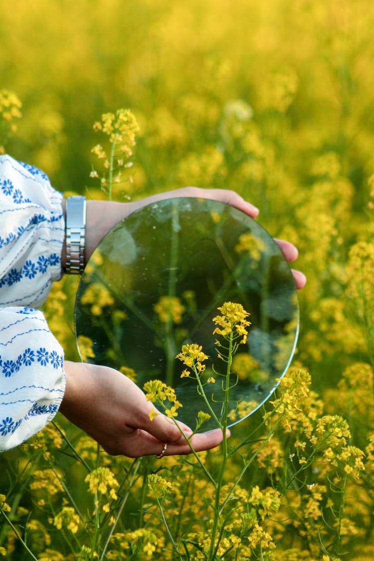 A Person Holding A Round Mirror