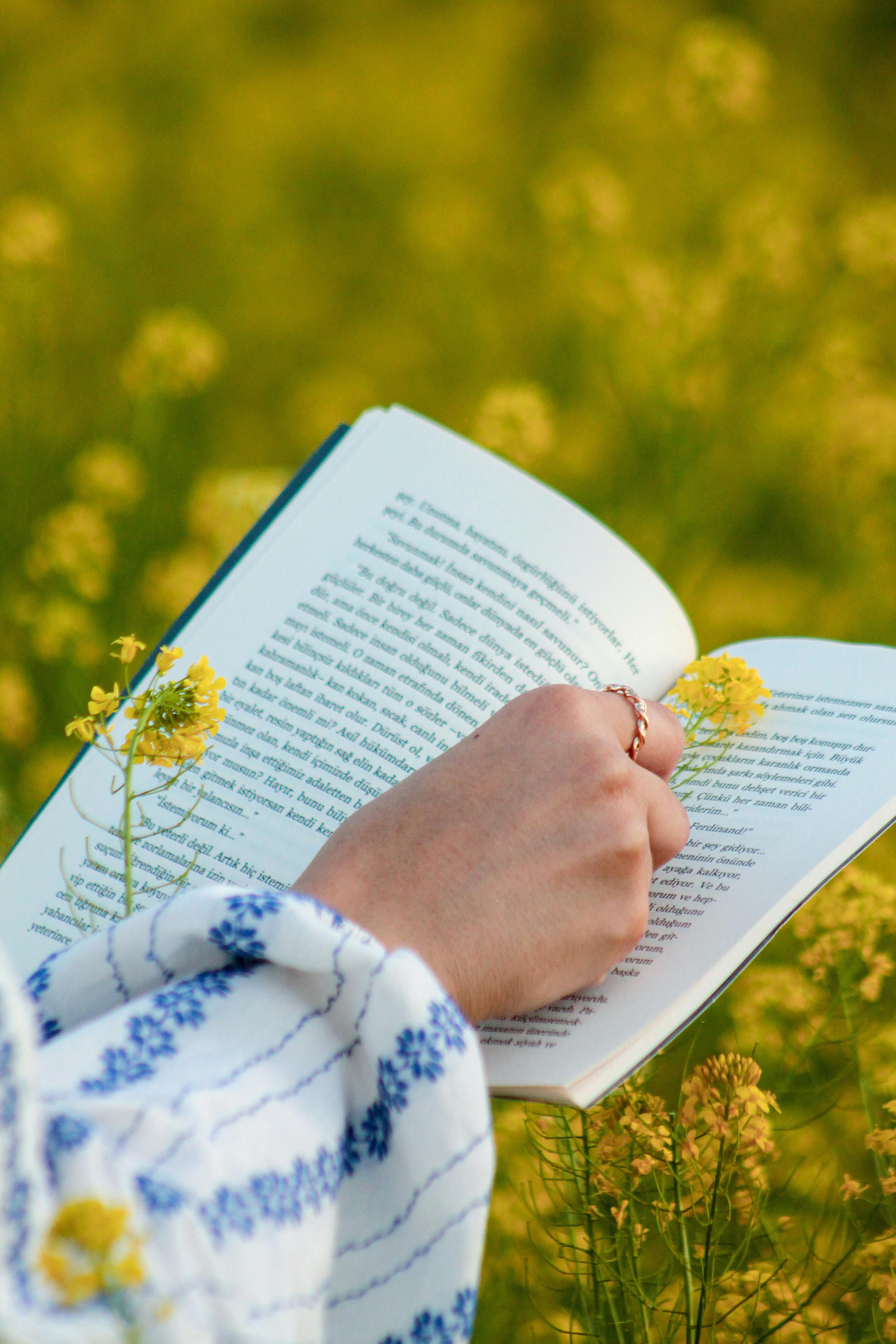 A woman reading a book surrounded by vibrant yellow flowers in a field.