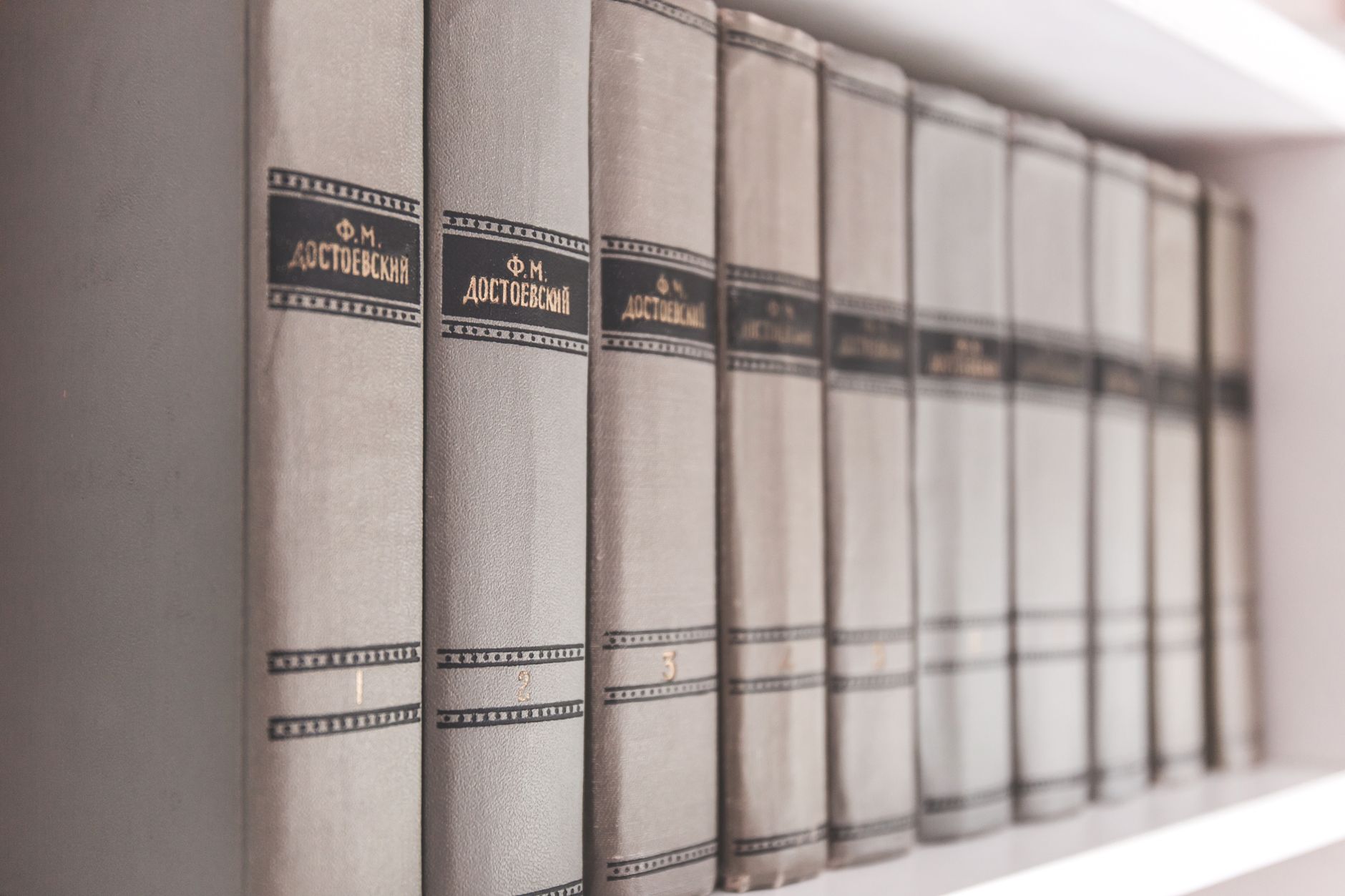 Row of Dostoevsky books neatly arranged on a bookshelf highlighting classic literature.