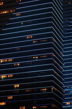 Night view of illuminated modern skyscrapers in Batumi, Adjara, Georgia.