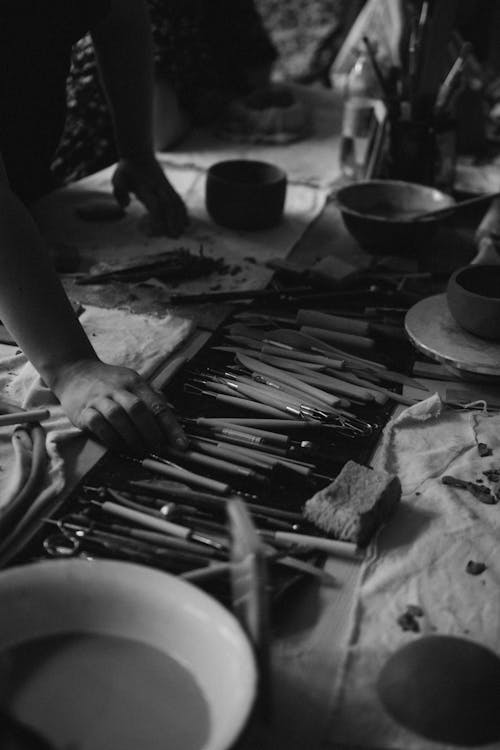 Black and White Photo of Workshop and Tools 