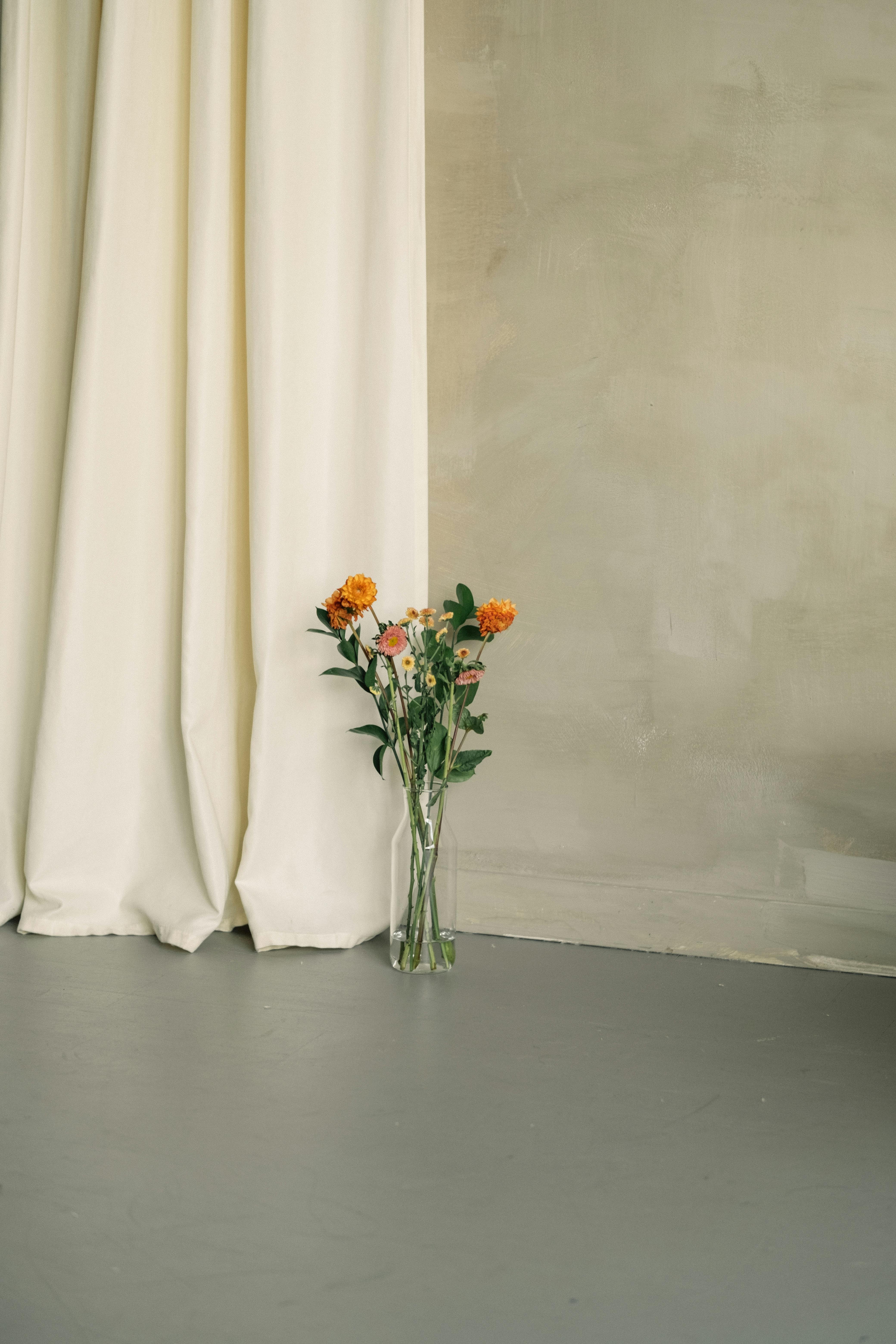Orange flowers in a clear vase against a minimalistic interior. Perfect for modern decor themes.