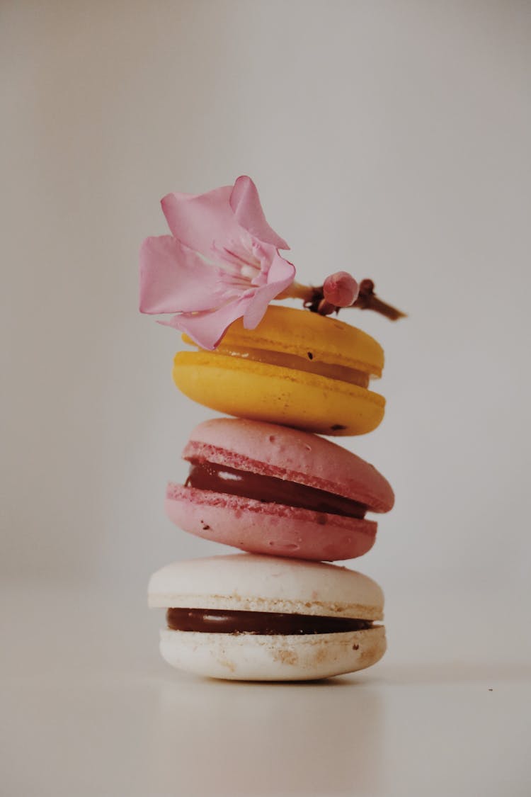 Close-up Of Macarons On White Studio Background