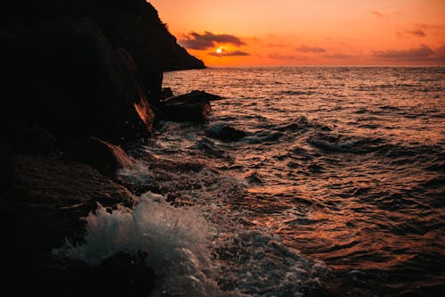 Ocean Waves Crashing on Rocky Shore during Sunset