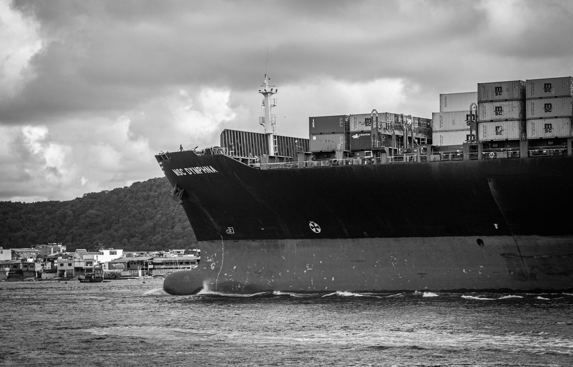 Grayscale image of a large container ship in the Port of Santos, Brazil.
