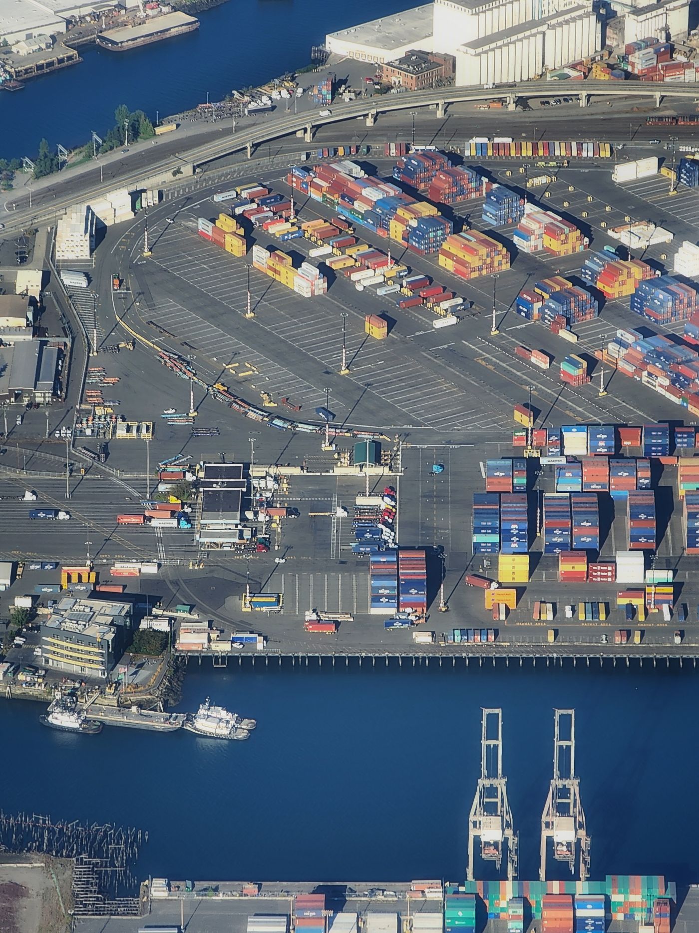 Aerial photograph of a working container port.