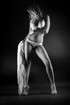 A stylish black and white portrait of a woman posing in lingerie, exuding elegance and confidence.