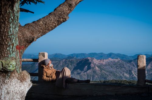 Free An elderly man enjoys a peaceful moment sitting by a tree with a scenic view of the mountains in Algiers Province, Algeria. Stock Photo