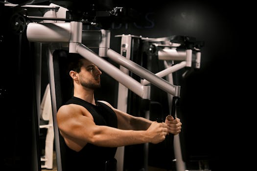 Man exercising on gym machine, focused on bodybuilding and strength training.