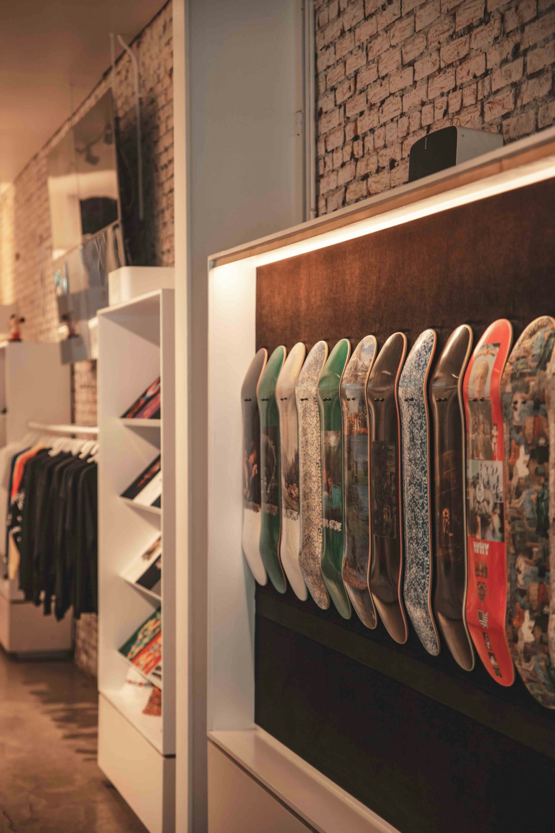 Skateboard shop interior displaying art decks and collectible boards on wall in retail setting