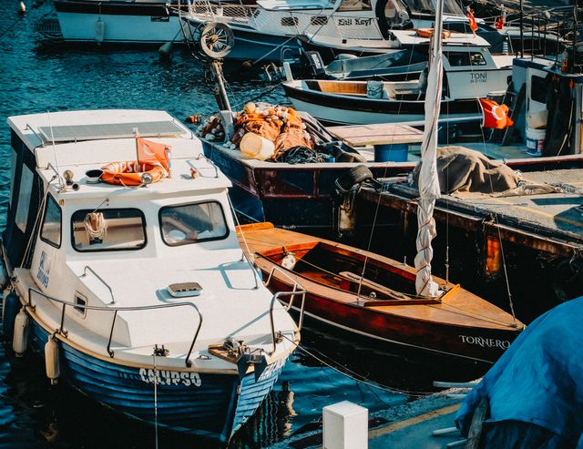 Boats lined up along a busy marina quay