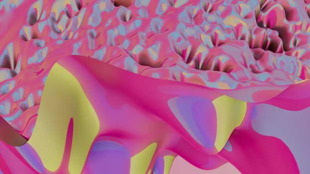 Colorful abstract 3D design with vibrant pink, yellow, and blue fluid shapes.