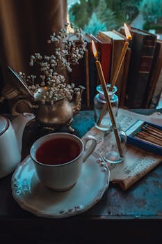 A warm and inviting setup featuring a cup of tea, candles, and books on a vintage table by the window.