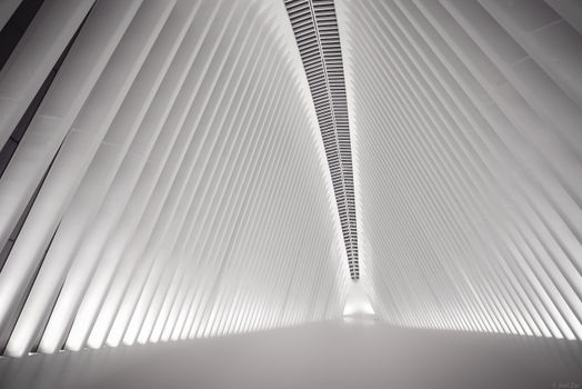 A stunning view of a white geometric architectural interior with futuristic design elements.