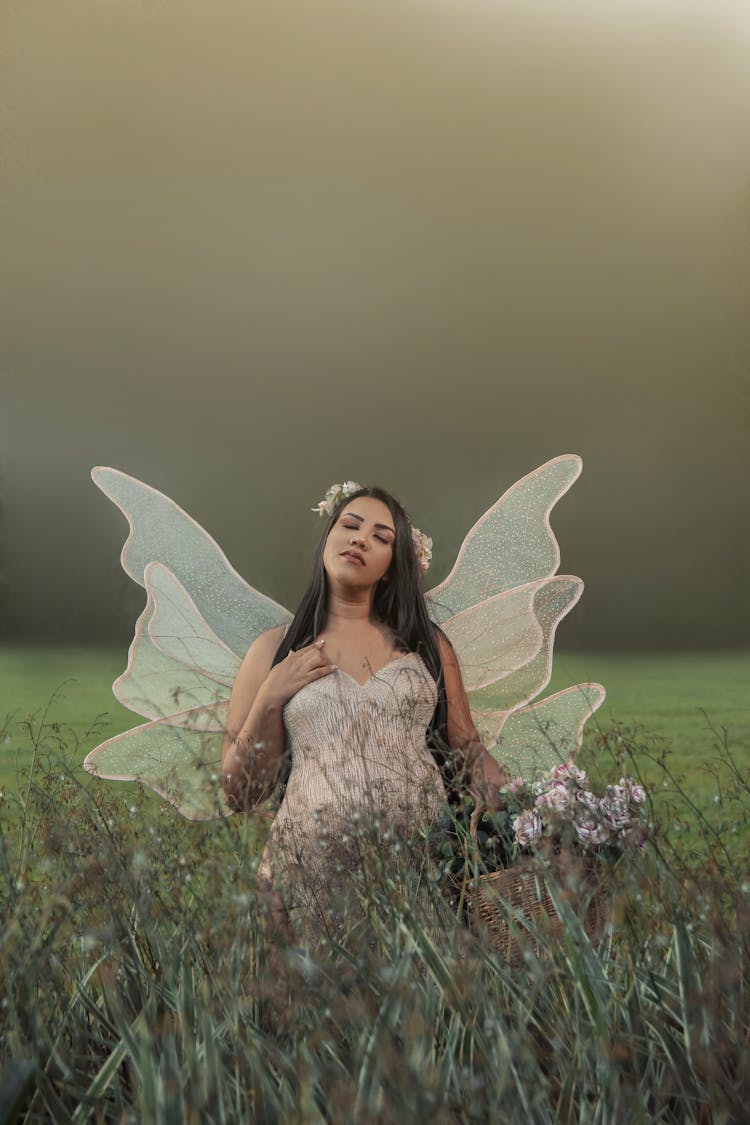 A Woman In A Butterfly Costume On A Field