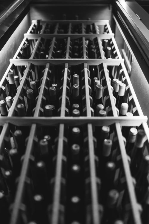 Free Black and white photo of wine bottles stored in a cellar rack. Stock Photo