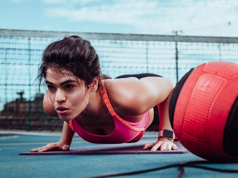 Woman doing push-ups on a sports court in Ji-Paraná, Brasil, focusing on fitness outdoors.