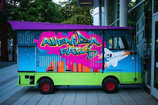 Vibrant graffiti food truck parked on a Houston street corner, showcasing urban art.