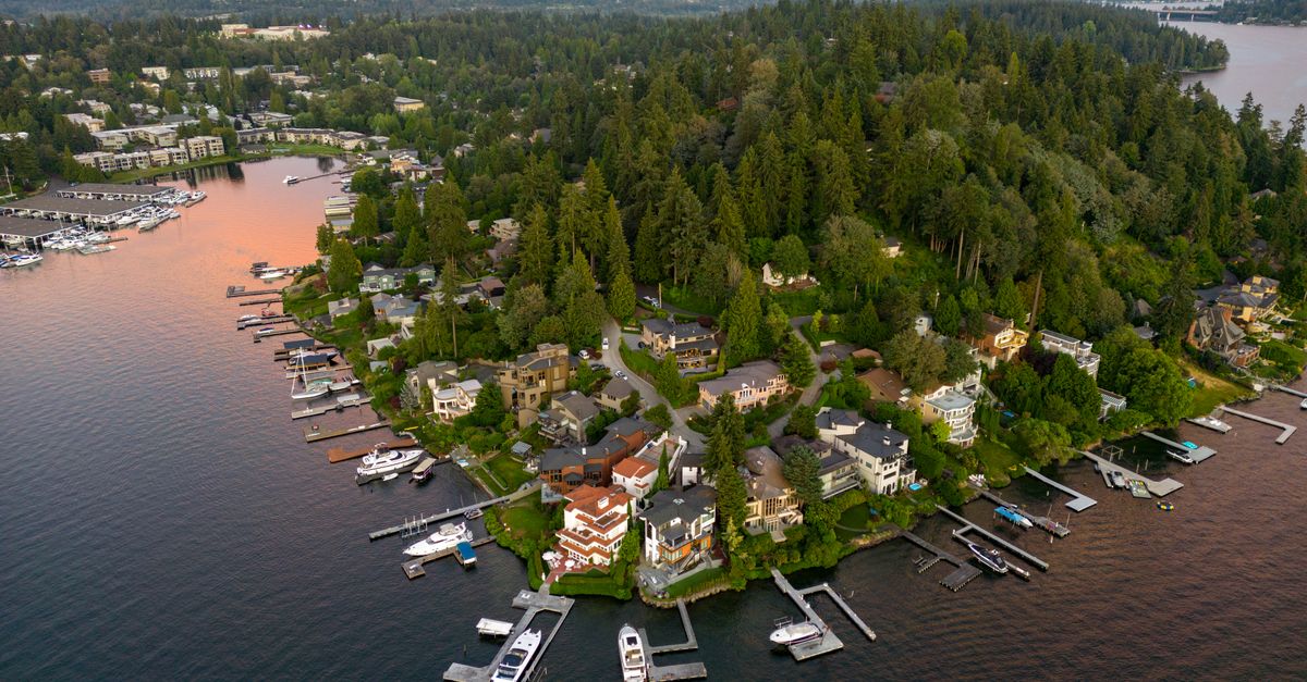 Scenic aerial view of waterfront homes, marina, lush greenery, and distant mountains during sunset.
