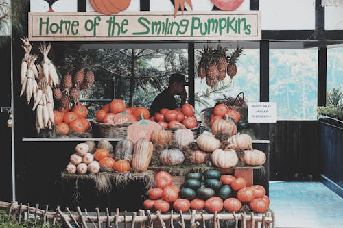 Fresh Pumpkins and Fruits on a Fruit Stand