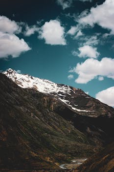 Breathtaking view of a snow-capped mountain under a clear sky with clouds.