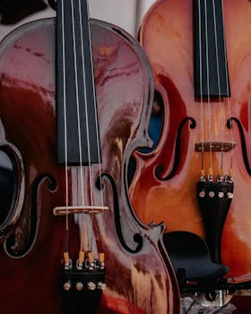 Detailed close-up of two violins showcasing their glossy wooden surfaces and strings.