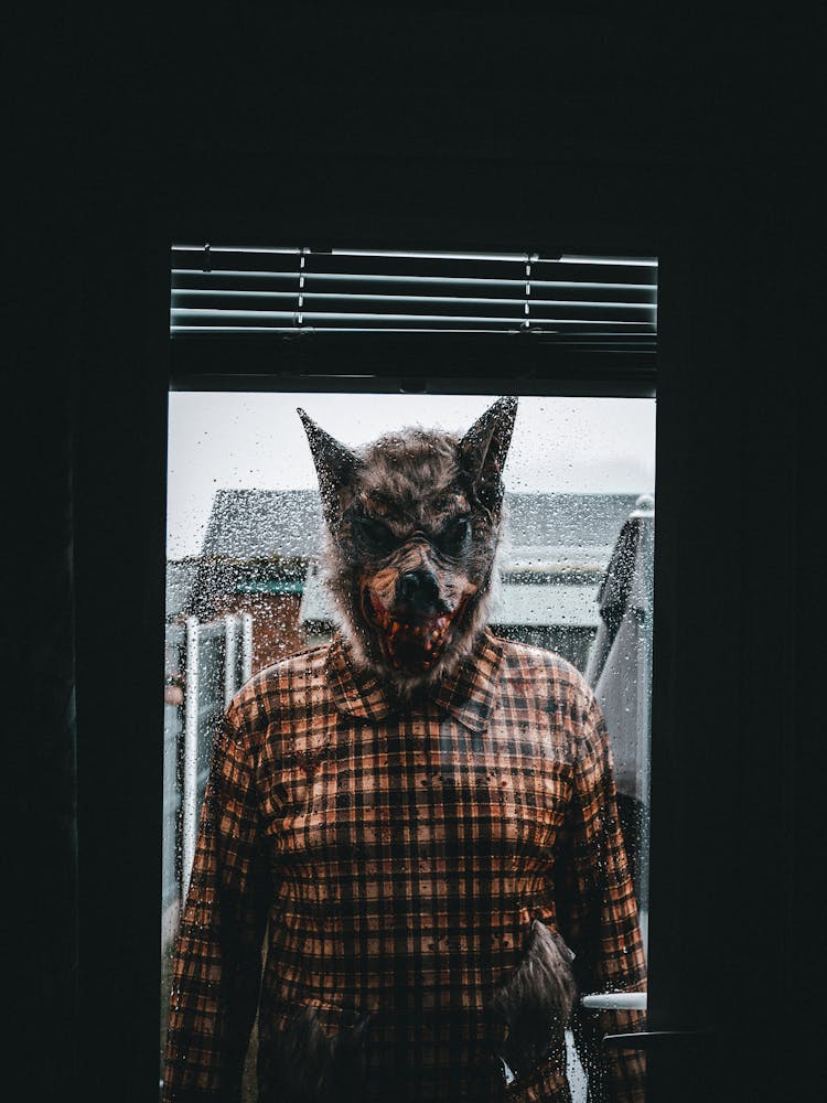 Man With A Realistic Wolf Mask Behind The Door 