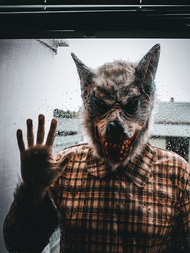 Man With A Realistic Wolf Mask Behind The Door 