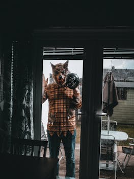 A man in a wolf mask holding a balloon stands outside a glass door, creating a spooky Halloween scene.