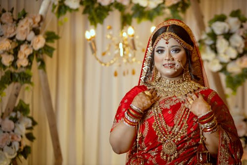 Beautiful Indian Bride in Red Sari Dress with Embroidery and Jewelry 