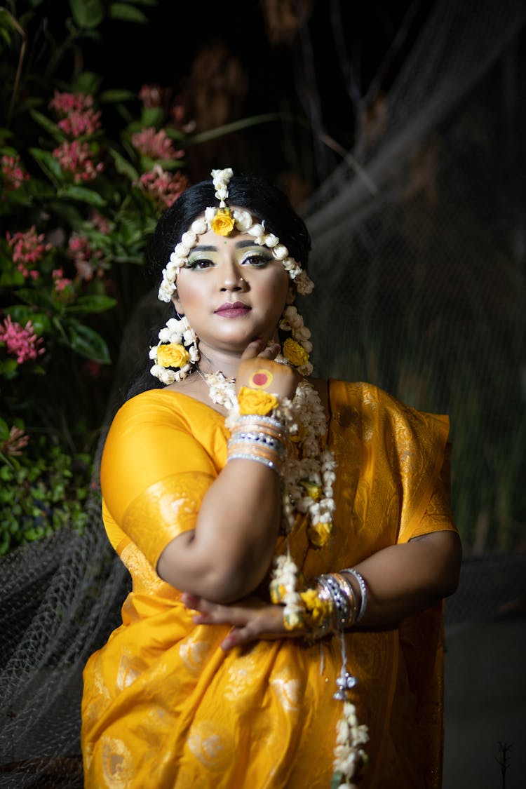 Standing Woman Wearing Yellow Dress