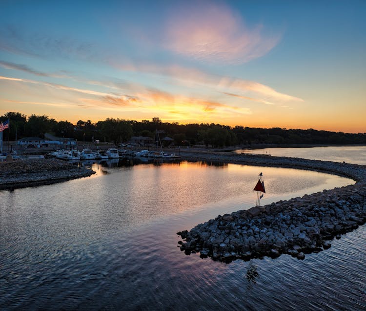 Fishing Port By Shore At Sunrise