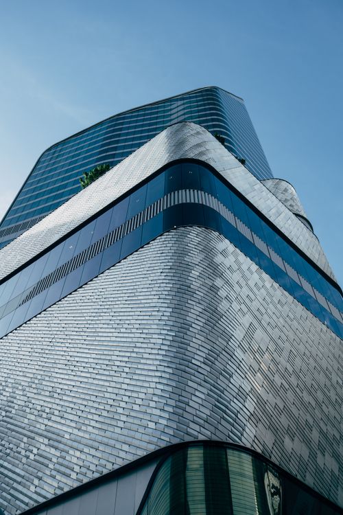 Free View of Central Embassy shopping mall's sleek architectural design in Bangkok, Thailand. Stock Photo