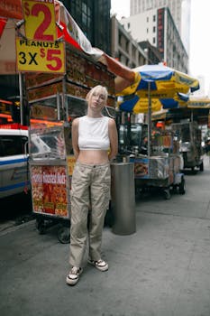 Fashionable young woman stands by market stalls on a bustling city street.